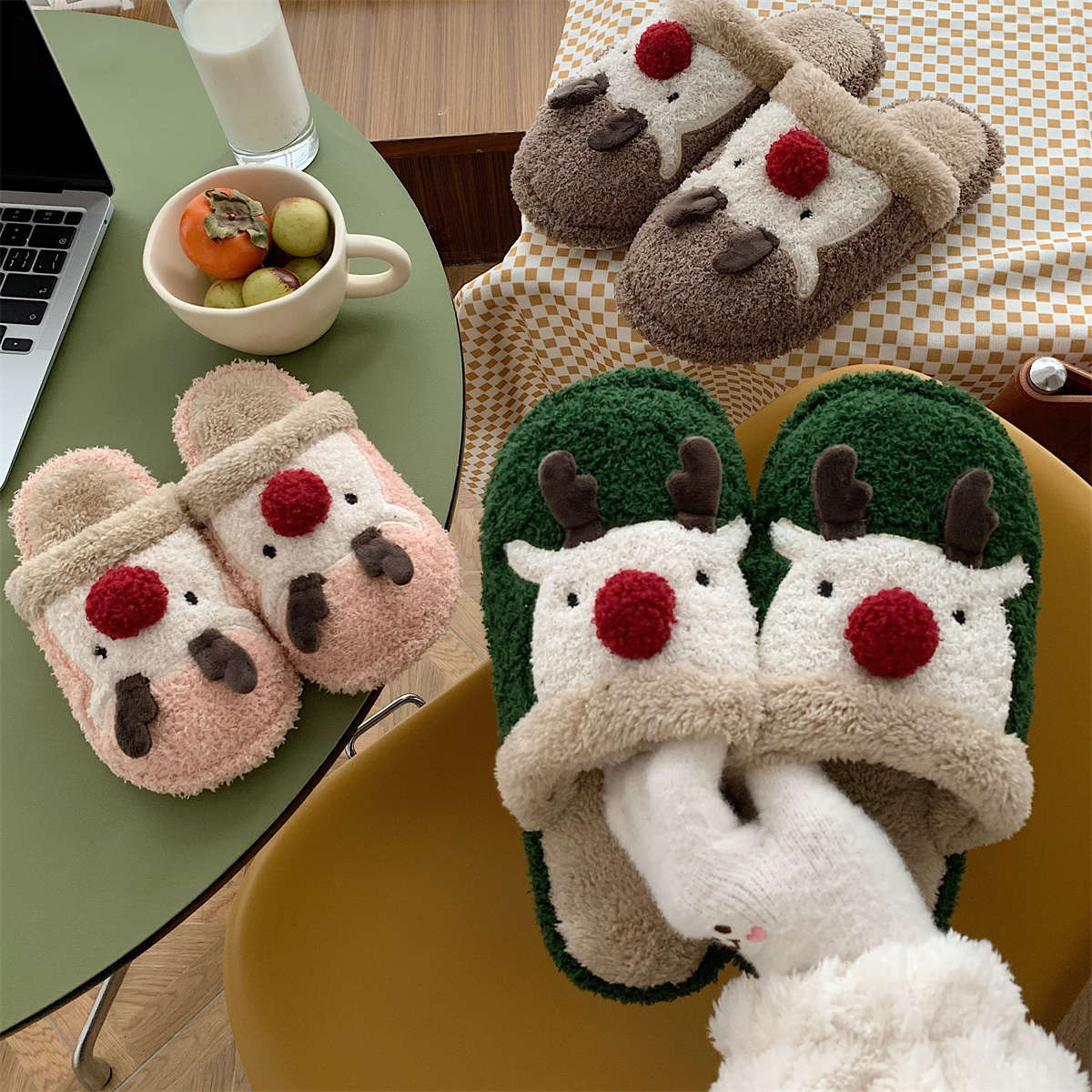 Winter Cute Cartoon Christmas Reindeer Cotton Slippers