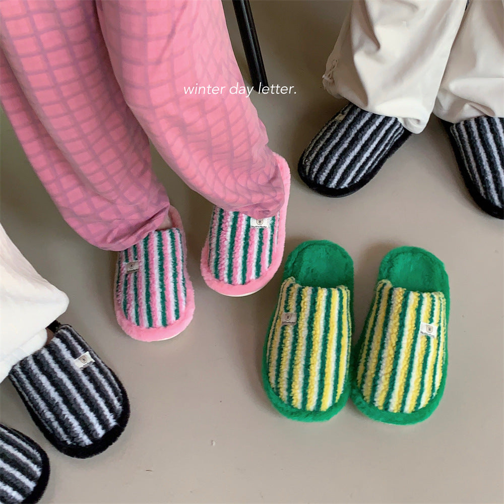 Winter Soft Color-Block Striped Cotton Indoor Slippers
