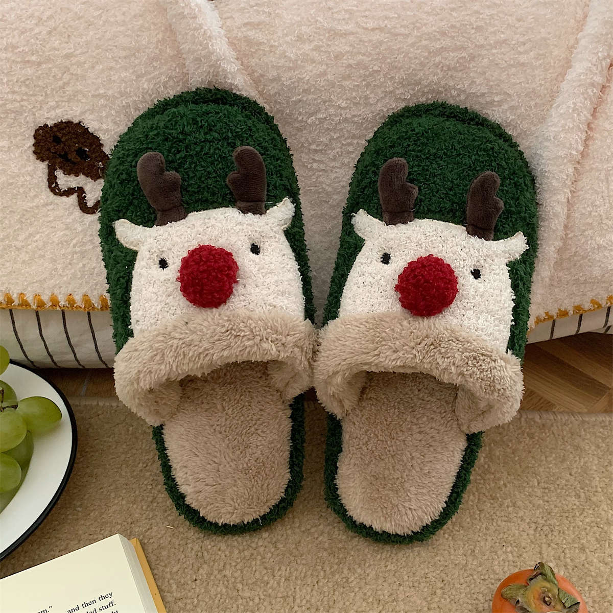 Winter Cute Cartoon Christmas Reindeer Cotton Slippers