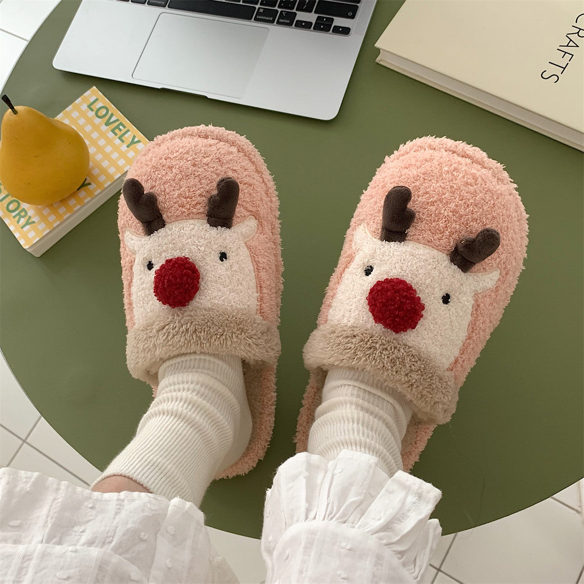 Winter Cute Cartoon Christmas Reindeer Cotton Slippers