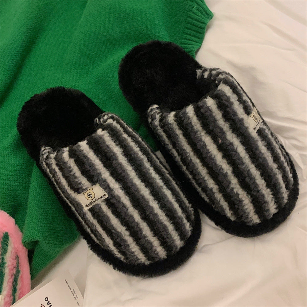 Winter Soft Color-Block Striped Cotton Indoor Slippers